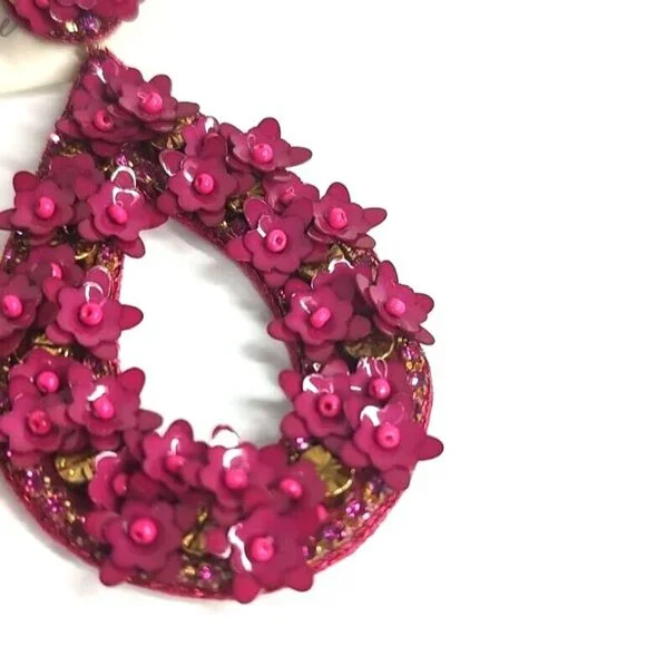 Deepa Gurnani Antropologie Earrings Sequin Beaded Floral Dangle Teardrop Fuschia - Picture 2 of 11
